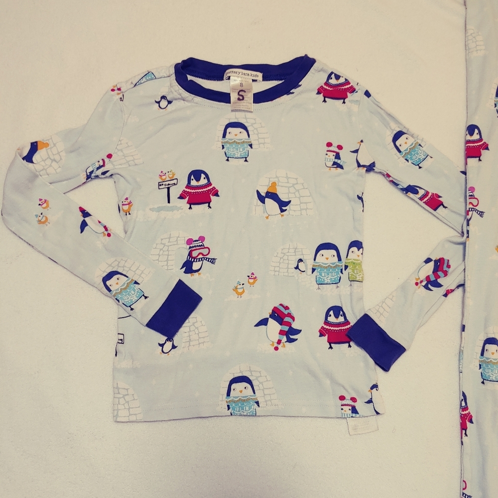 Pottery Barn Kids Boys Winter Penguin Pajamas Sz 8 - Picture 2 of 8